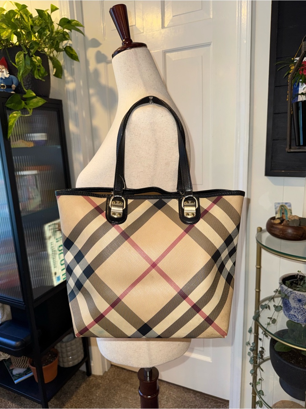 Burberry Beige Plaid Tote with Black Handles